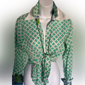 Tizzie Green white Lattice Top-M green white French cuffs , cotton